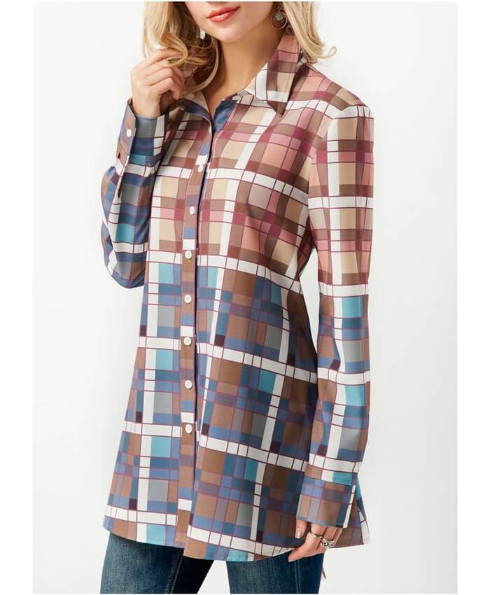 Button Up Plaid Print Asymmetric Hem Blouse